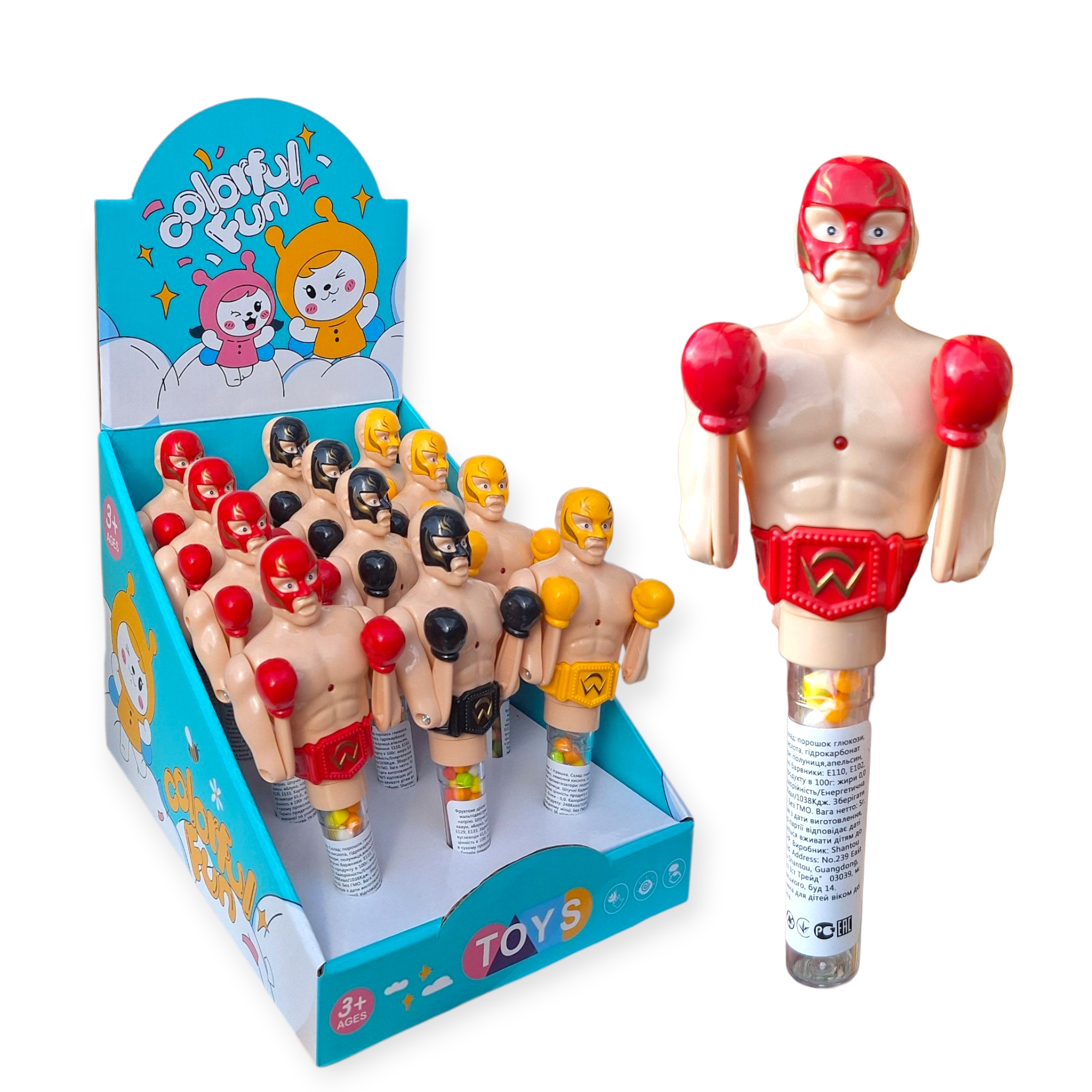 Іграшка боксер + підсвічування + фруктове драже 12 шт